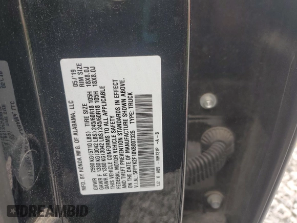 2019 Honda Ridgeline Sport with VIN 5FPYK2F10KB007325, listed as a Copart auction lot 46950225 with 222,925 mi miles and Salvage title. Bid and sale history available at DreamBid. Image 12.