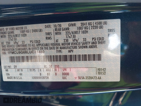 2020 Ford Escape SE z VIN 1FMCU9G68LUC31480, wystawiony jako IAAI lot #41780930 z przebiegiem 45 494 mil mil oraz . Historia ofert i sprzedaży dostępna na DreamBid. Obrazek 9.