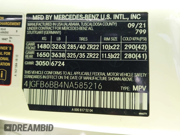 2022 Mercedes-Benz GLE 53 AMG with VIN 4JGFB6BB4NA585216, listed as a IAAI auction lot 41639687 with 31,940 mi miles and . Bid and sale history available at DreamBid. Image 9.