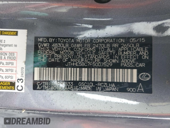 2015 Lexus RC 350 F Sport with VIN JTHHE5BC7F5007529, listed as a Copart auction lot 51106915 with 108,008 mi miles and Salvage title. Bid and sale history available at DreamBid. Image 14.
