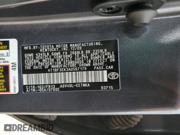 2010 Toyota Camry with VIN 4T1BF3EK3AU567179, listed as a Copart auction lot 53610485 with 176,121 mi miles and Salvage Title. Bid and sale history available at DreamBid. Image 13.