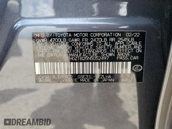 2022 Lexus IS 350 F Sport with VIN JTHGZ1B25N5052497, listed as a Copart auction lot 59523435 with 72,185 mi miles and Salvage title. Bid and sale history available at DreamBid. Image 13.