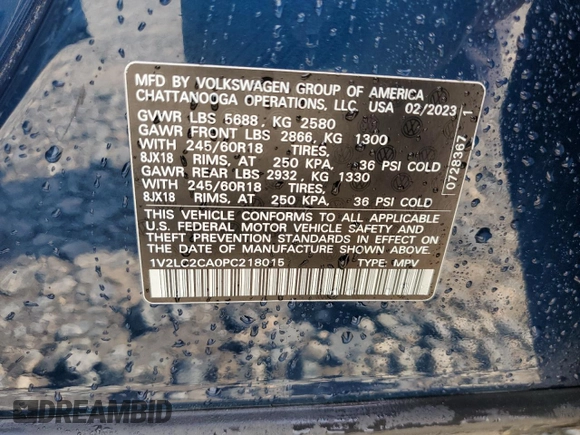 2023 Volkswagen Atlas SE с VIN 1V2LC2CA0PC218015, выставлен на аукционе Copart как лот 57940744 с пробегом 18 021 миль миль и Списание • Salvage title. История ставок и продаж доступна на DreamBid. Изображение 13.