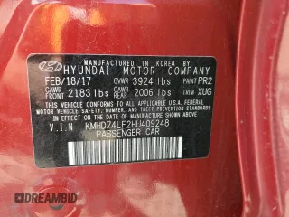 2017 Hyundai Elantra SE z VIN KMHD74LF2HU409248, wystawiony jako Copart lot #56102835 z przebiegiem 103 848 mil mil oraz Szkoda całkowita • Salvage title. Historia ofert i sprzedaży dostępna na DreamBid. Obrazek 12.