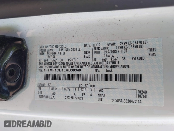 2020 Ford F-150 XL z VIN 1FTMF1CB1LKD30340, wystawiony jako IAAI lot #42468386 z przebiegiem 39 884 mil mil oraz . Historia ofert i sprzedaży dostępna na DreamBid. Obrazek 9.