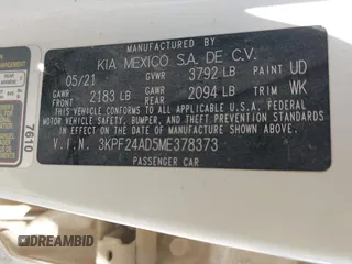 2021 Kia Forte LXS с VIN 3KPF24AD5ME378373, выставлен на аукционе IAAI как лот 42117497 с пробегом 66 934 миль миль и . История ставок и продаж доступна на DreamBid. Изображение 9.