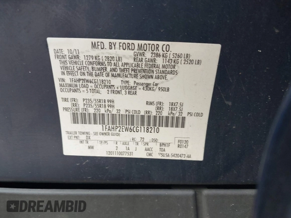 2012 Ford Taurus SEL with VIN 1FAHP2EW6CG118210, listed as a IAAI auction lot 41613557 with 197,069 mi miles and . Bid and sale history available at DreamBid. Image 9.