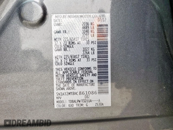 2017 Nissan Rogue SV with VIN 5N1AT2MT8HC861086, listed as a Copart auction lot 48359815 with 116,462 mi miles and Salvage Title. Bid and sale history available at DreamBid. Image 13.