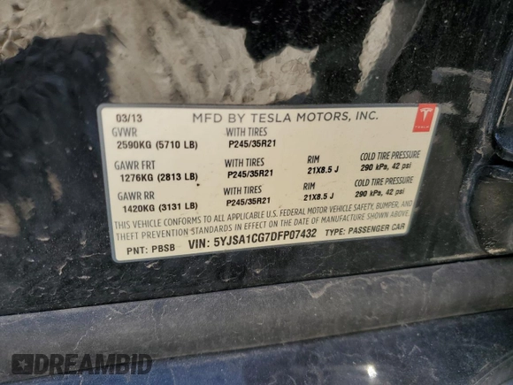2013 Tesla Model S with VIN 5YJSA1CG7DFP07432, listed as a Copart auction lot 59695375 with 180,037 mi miles and Salvage title. Bid and sale history available at DreamBid. Image 12.