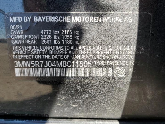 2021 BMW 3 Series 330i xDrive with VIN 3MW5R7J04M8C11505, listed as a Copart auction lot 48050853 with 31,608 mi miles and . Bid and sale history available at DreamBid. Image 12.