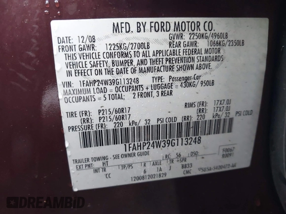 2009 Ford Taurus SEL with VIN 1FAHP24W39G113248, listed as a IAAI auction lot 41479030 with 159,196 mi miles. Bid and sale history available at carsss.com. Image 9.