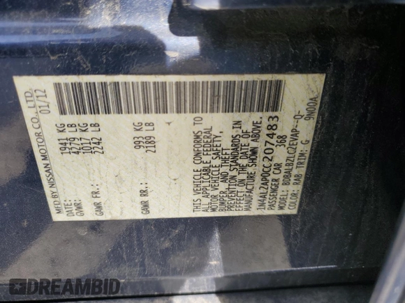 2012 Nissan Altima S with VIN 1N4AL2AP0CC207483, listed as a Copart auction lot 54379925 with 163,584 mi miles and Salvage Title. Bid and sale history available at DreamBid. Image 12.