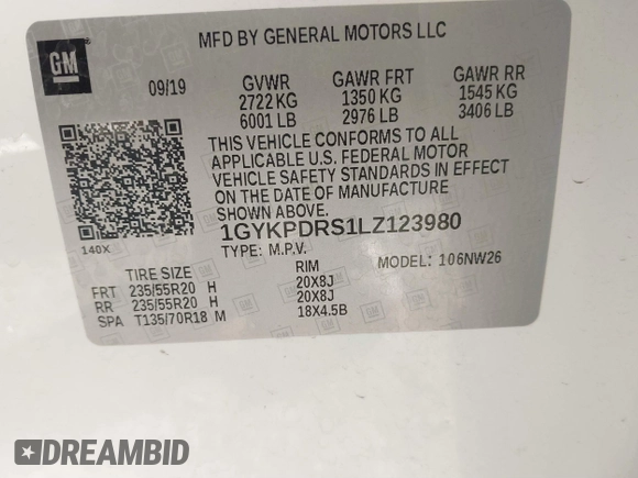 2020 Cadillac XT6 AWD Premium Luxury with VIN 1GYKPDRS1LZ123980, listed as a IAAI auction lot 41755263 with 98,560 mi miles and . Bid and sale history available at DreamBid. Image 9.