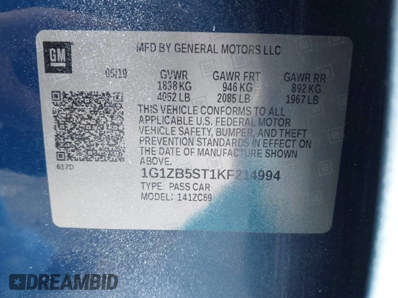 2019 Chevrolet Malibu LS with VIN 1G1ZB5ST1KF214994, listed as a IAAI auction lot 42220066 with 56,778 mi miles and . Bid and sale history available at DreamBid. Image 9.