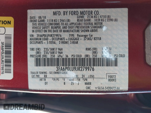 2018 Ford Fusion SE z VIN 3FA6P0LU9JR279976, wystawiony jako IAAI lot #41792558 z przebiegiem 115 790 mil mil oraz . Historia ofert i sprzedaży dostępna na DreamBid. Obrazek 9.