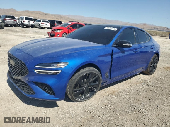 2023 Genesis G70 2.0T with VIN KMTG34TA9PU105285, listed as a Copart auction lot 58724654 with 26,885 mi miles and Salvage Title. Bid and sale history available at DreamBid. Image 1.