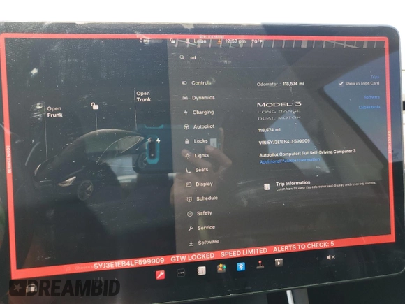 2020 Tesla Model 3 Long Range with VIN 5YJ3E1EB4LF599909, listed as a Copart auction lot 52435425 with 118,574 mi miles and Salvage Title. Bid and sale history available at DreamBid. Image 9.
