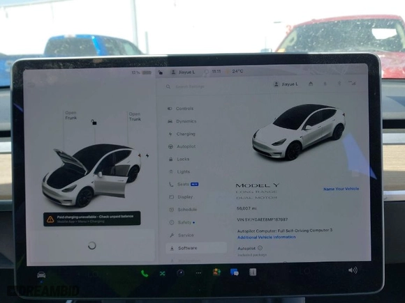 2021 Tesla Model Y Long Range with VIN 5YJYGAEE8MF187987, listed as a IAAI auction lot 41795626 with 56,007 mi miles. Bid and sale history available at carsss.com. Image 7.
