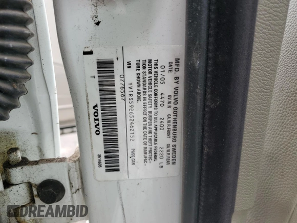 2005 Volvo S60 с VIN YV1RS592652462152, выставлен на аукционе Copart как лот 51055495 с пробегом 117 631 миль миль и Списание • Salvage title. История ставок и продаж доступна на DreamBid. Изображение 12.
