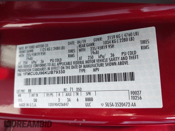 2019 Ford Escape Titanium with VIN 1FMCU0J96KUB79330, listed as a IAAI auction lot 42018346 with 35,500 mi miles and . Bid and sale history available at DreamBid. Image 9.