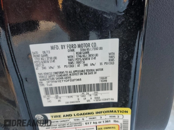 2013 Ford F-150 XL with VIN 1FTFW1ET1DFD27365, listed as a Copart auction lot 88555385 with 135,216 mi miles and Salvage Title. Bid and sale history available at carsss.com. Image 12.