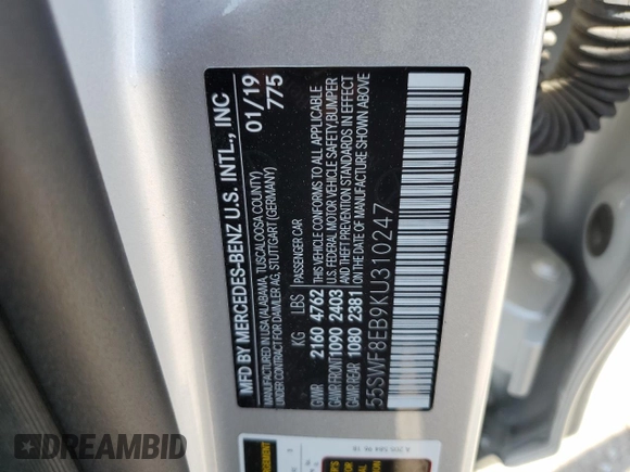 2019 Mercedes-Benz C 300 with VIN 55SWF8EB9KU310247, listed as a Copart auction lot 63183405 with 44,522 mi miles and Salvage title. Bid and sale history available at DreamBid. Image 13.