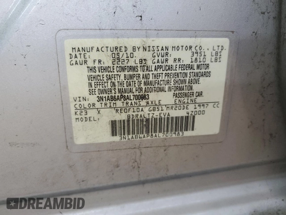 2010 Nissan Sentra SR with VIN 3N1AB6AP8AL700983, listed as a Copart auction lot 51630265 with 163,030 mi miles and Clean Title. Bid and sale history available at DreamBid. Image 12.
