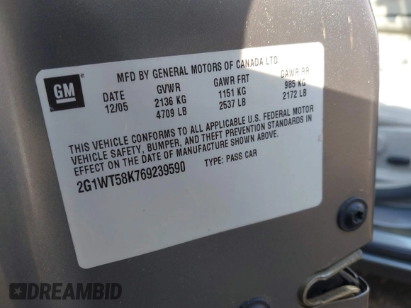 2006 Chevrolet Impala LT 3.5L with VIN 2G1WT58K769239590, listed as a IAAI auction lot 42133752 with 155,934 mi miles and . Bid and sale history available at DreamBid. Image 9.