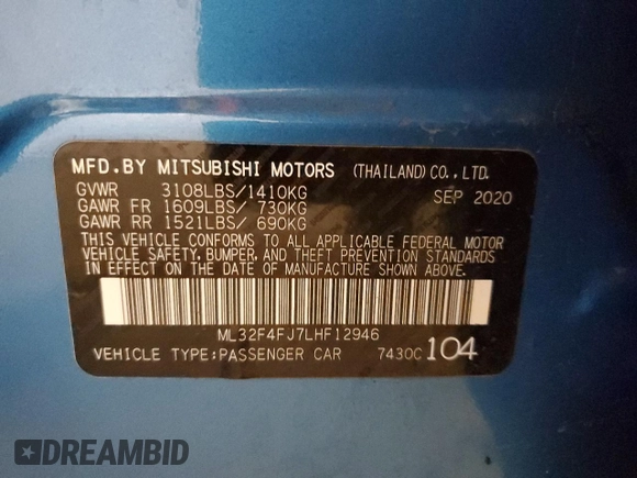2020 Mitsubishi Mirage G4 SE with VIN ML32F4FJ7LHF12946, listed as a Copart auction lot 69583392 with 29,357 mi miles. Bid and sale history available at carsss.com. Image 14.