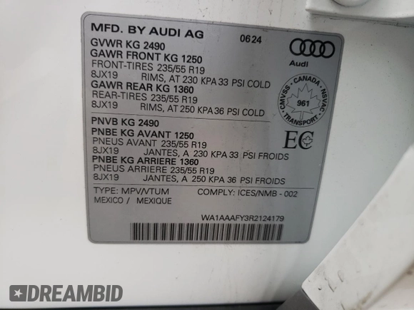 2024 Audi Q5 Komfort with VIN WA1AAAFY3R2124179, listed as a Copart auction lot 72621264 with 1,372 mi miles and Salvage Title. Bid and sale history available at carsss.com. Image 14.
