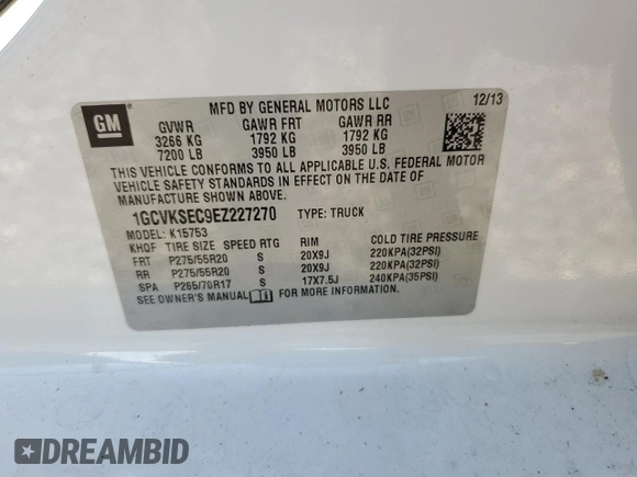 2014 Chevrolet Silverado 1500 LTZ with VIN 1GCVKSEC9EZ227270, listed as a Copart auction lot 51904465 with 95,535 mi miles and Salvage Title. Bid and sale history available at DreamBid. Image 13.