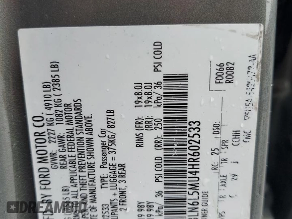 2017 Lincoln MKZ Hybrid Reserve with VIN 3LN6L5MU4HR602533, listed as a Copart auction lot 58864905 with 122,363 mi miles and Salvage title. Bid and sale history available at DreamBid. Image 12.