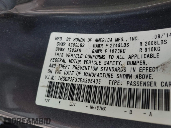 2014 Honda Accord Sedan LX with VIN 1HGCR2F33EA306435, listed as a IAAI auction lot 42124792 with 136,522 mi miles. Bid and sale history available at carsss.com. Image 9.