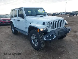 2019 Jeep Wrangler Unlimited Sahara with VIN 1C4HJXEN4KW592063, listed as a IAAI auction lot 41305625 with 74,319 mi miles and . Bid and sale history available at DreamBid. Image 1.