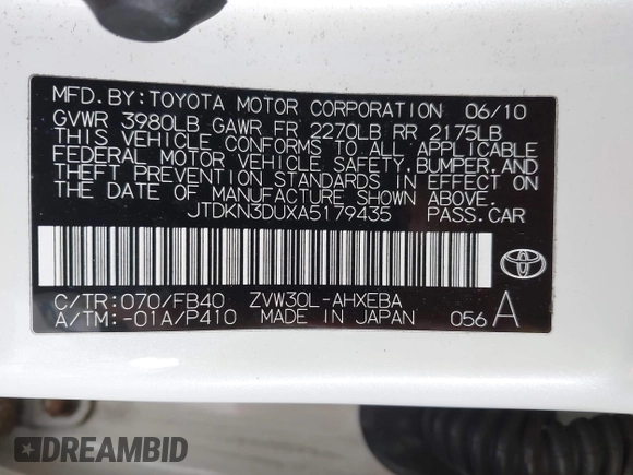 2010 Toyota Prius II with VIN JTDKN3DUXA5179435, listed as a IAAI auction lot 42057272 with 230,960 mi miles and . Bid and sale history available at DreamBid. Image 9.