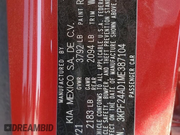 2021 Kia Forte LXS with VIN 3KPF24AD1ME387104, listed as a Copart auction lot 55461895 with 89,496 mi miles and Salvage title. Bid and sale history available at DreamBid. Image 12.