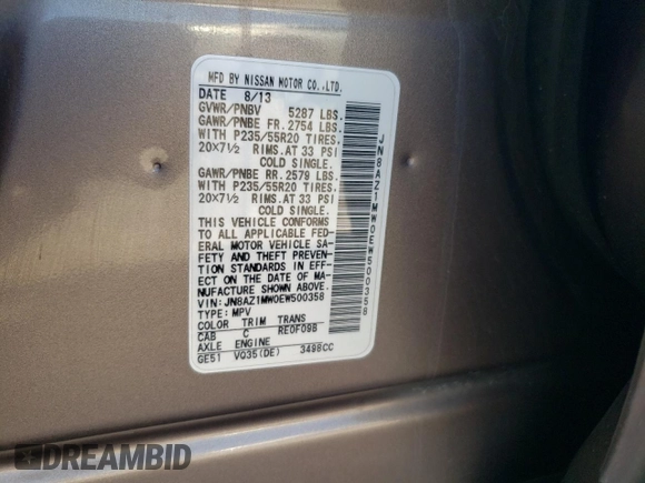 2014 Nissan Murano LE with VIN JN8AZ1MW0EW500358, listed as a Copart auction lot 72076604 with 163,633 mi miles and Salvage Title. Bid and sale history available at carsss.com. Image 13.