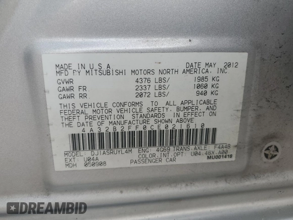 2012 Mitsubishi Galant FE z VIN 4A32B2FF0CE021610, wystawiony jako Copart lot #54020525 z przebiegiem 103 096 mil mil oraz Szkoda całkowita • Salvage title. Historia ofert i sprzedaży dostępna na DreamBid. Obrazek 12.