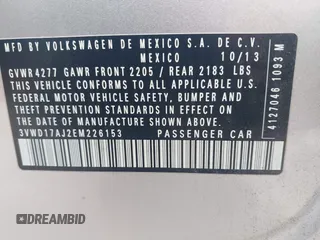 2014 Volkswagen Jetta SE z VIN 3VWD17AJ2EM226153, wystawiony jako IAAI lot #41907079 z przebiegiem 172 595 mil mil oraz . Historia ofert i sprzedaży dostępna na DreamBid. Obrazek 9.