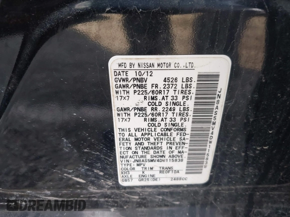 2013 Nissan Rogue S with VIN JN8AS5MV4DW115838, listed as a IAAI auction lot 41649461 with 163,783 mi miles and . Bid and sale history available at DreamBid. Image 9.