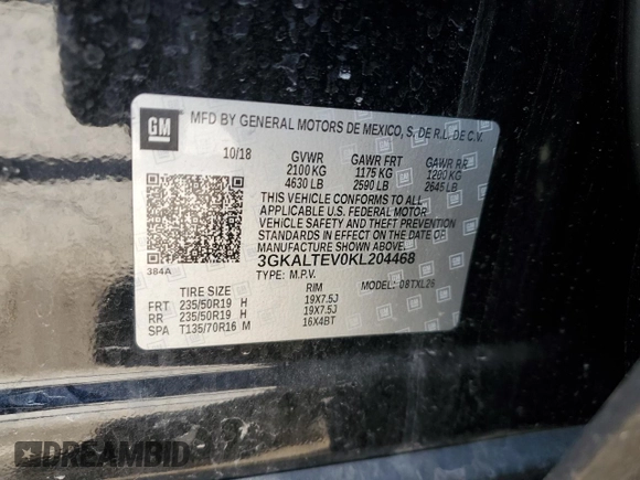 2019 GMC Terrain SLE with VIN 3GKALTEV0KL204468, listed as a Copart auction lot 50245695 with 87,689 mi miles and Salvage Title. Bid and sale history available at DreamBid. Image 13.
