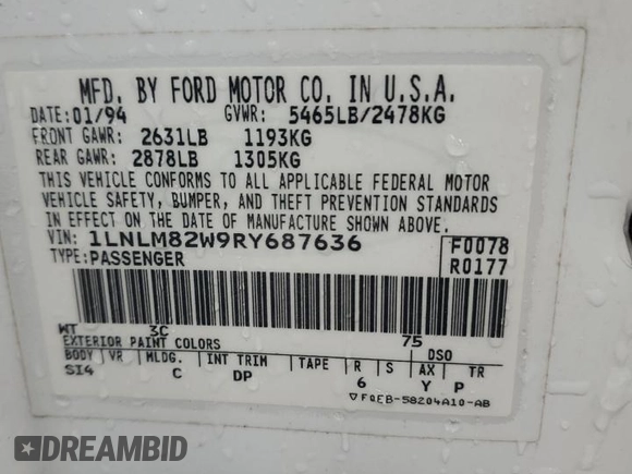 1994 Lincoln Town Car Signature z VIN 1LNLM82W9RY687636, wystawiony jako Copart lot #43805135 z przebiegiem Nie podano mil oraz Szkoda całkowita • Salvage title. Historia ofert i sprzedaży dostępna na DreamBid. Obrazek 13.