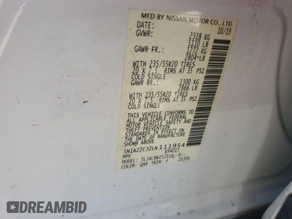 2020 Nissan Murano SL z VIN 5N1AZ2CJ2LN111954, wystawiony jako Copart lot #48306415 z przebiegiem 147 445 mil mil oraz Szkoda całkowita • Salvage title. Historia ofert i sprzedaży dostępna na DreamBid. Obrazek 13.