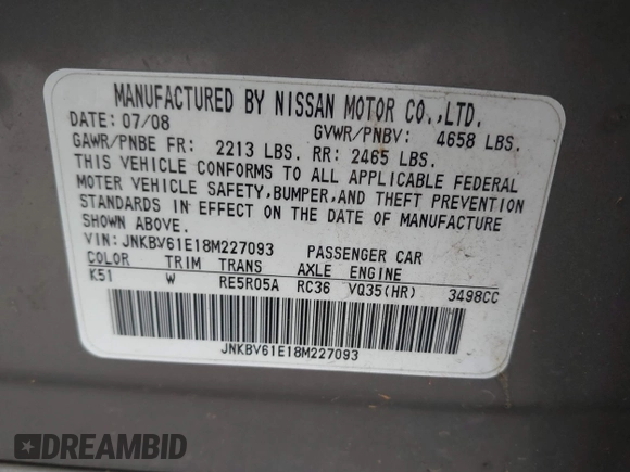 2008 Infiniti G35 Journey z VIN JNKBV61E18M227093, wystawiony jako IAAI lot #41855116 z przebiegiem Nie podano mil oraz . Historia ofert i sprzedaży dostępna na DreamBid. Obrazek 9.