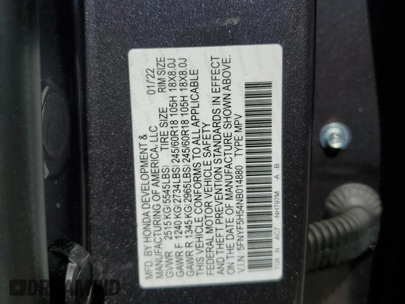 2022 Honda Pilot EX-L with VIN 5FNYF5H54NB014880, listed as a Copart auction lot 50223345 with 34,021 mi miles and Salvage title. Bid and sale history available at DreamBid. Image 15.
