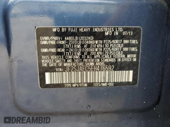 2014 Subaru Forester Premium with VIN JF2SJAEC5EH476592, listed as a Copart auction lot 60880355 with 77,899 mi miles and Salvage title. Bid and sale history available at DreamBid. Image 13.