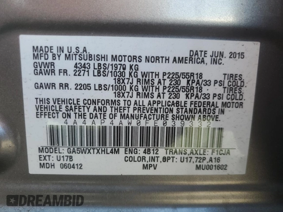 2015 Mitsubishi Outlander GT with VIN 4A4AP4AW0FE039332, listed as a Copart auction lot 54896985 with 61,733 mi miles and Salvage title. Bid and sale history available at DreamBid. Image 14.