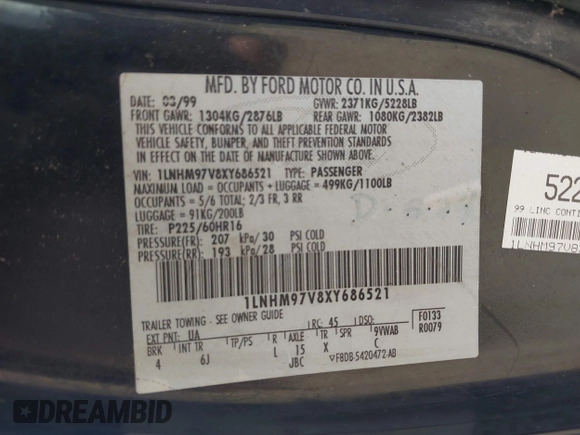 1999 Lincoln Continental с VIN 1LNHM97V8XY686521, выставлен на аукционе IAAI как лот 41681027 с пробегом 144 407 миль миль и . История ставок и продаж доступна на DreamBid. Изображение 9.