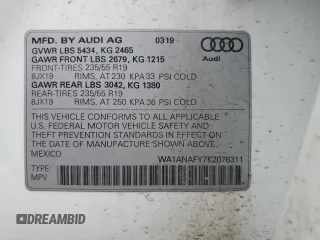 2019 Audi Q5 Premium with VIN WA1ANAFY7K2076311, listed as a Copart auction lot 42499015 with 92,034 mi miles and Salvage Title. Bid and sale history available at carsss.com. Image 13.