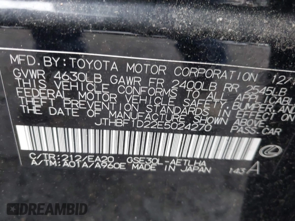 2014 Lexus IS 250 with VIN JTHBF1D22E5024270, listed as a IAAI auction lot 42491227 with 95,379 mi miles and . Bid and sale history available at DreamBid. Image 9.